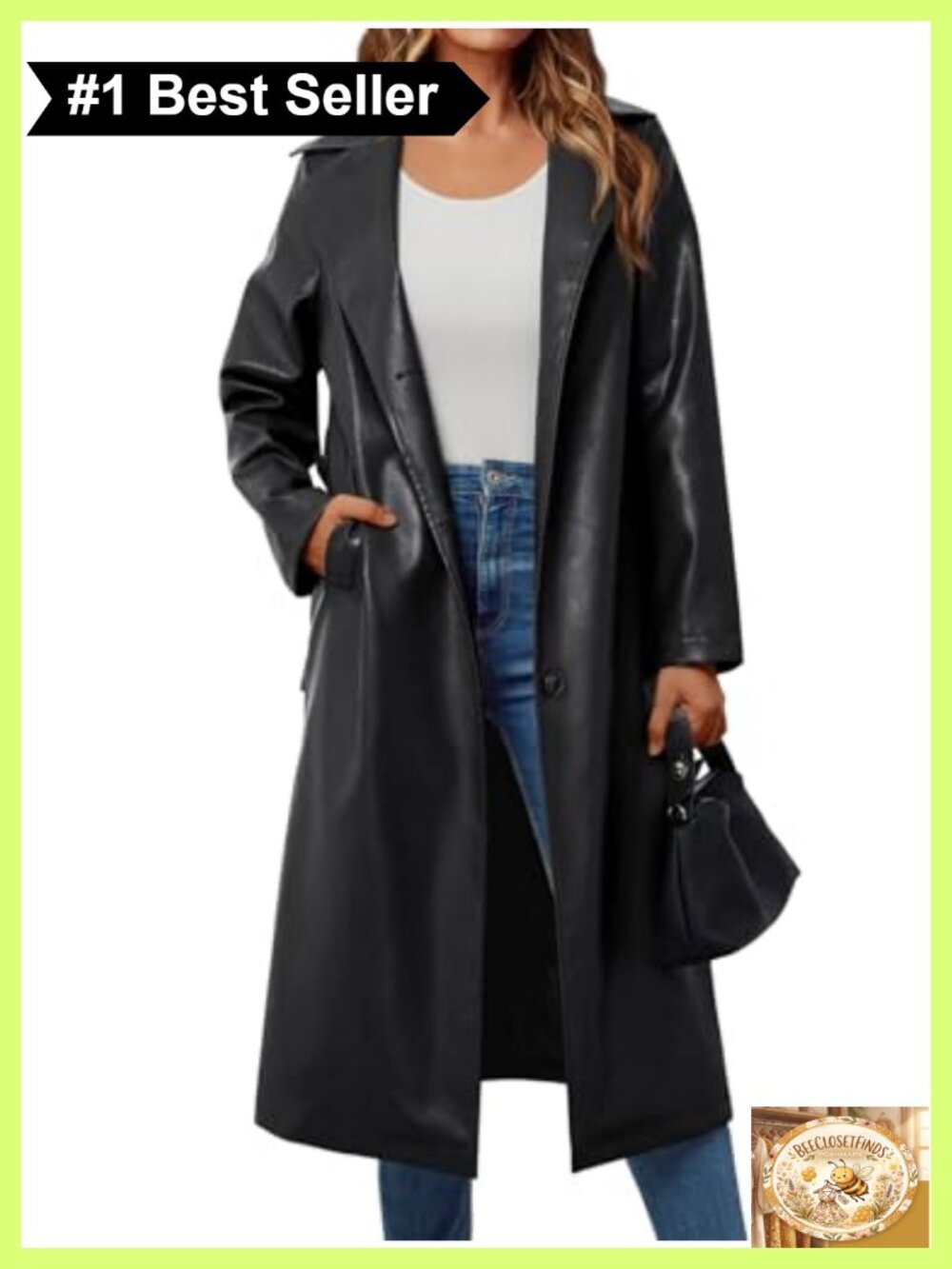 Faux Leather Trench Coat Long Belted Three Breasted